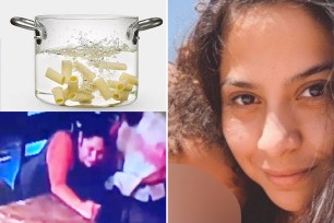 composite image: upper left, the allegedly defective glass pot in a stock shot with a white background and pasta boiling in water; lower left, a still from a video of the incident showing palencia doubled over in pain; right palencia looking at the camera, smiling