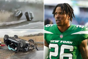 A composite of two photos showing an April 26, 2022 crash in New Jersey and one of Jets cornerback Brandin Echols.