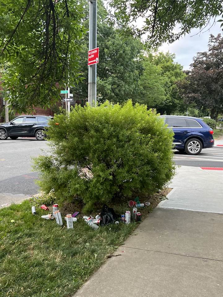 alcohol cans seen strewn about the grass on a residential street