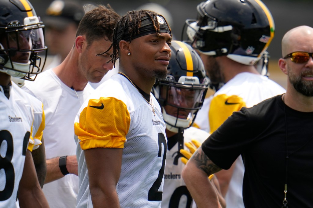 Justin Fields (2) looks on during Steelers OTAs on May 21, 2024.