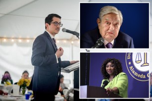 Travis County Texas District Attorney Jose Garza standing at a podium; Alameda County DA Pamela Price giving a speech; billionaire George Soros