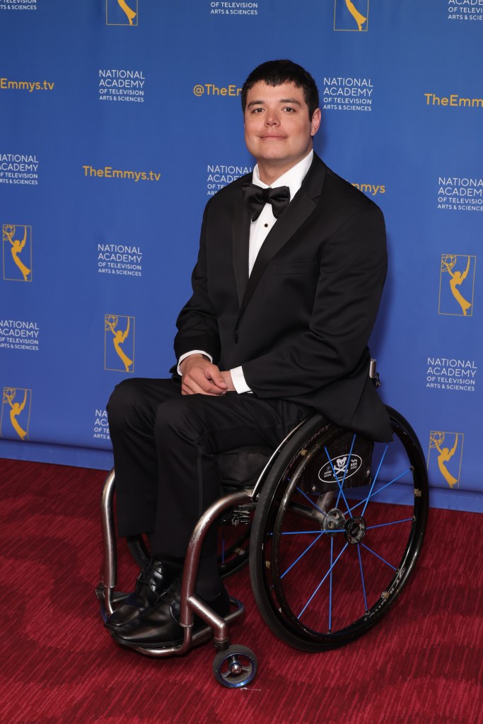 Trevor Kennison, adaptive skier, in a tuxedo sitting in a wheelchair at the 45th Annual Sports Emmy Awards at Jazz at Lincoln Center, New York