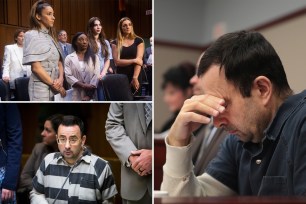 Larry Nassar at a court bench, Larry Nassar covering his face, athletes who accused Nassar of sexual abuse