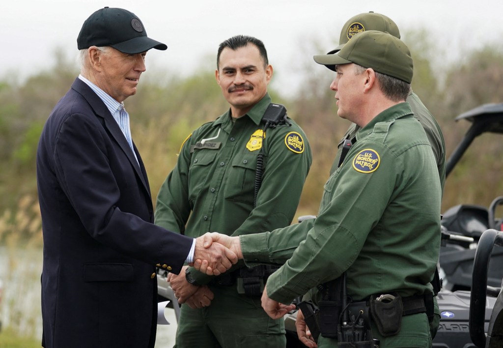 U.S. President Joe Biden greets members of the U.S. Border Patrol at the U.S.-Mexico border in Brownsville, Texas, U.S., February 29, 2024. 