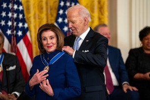 President Joe Biden presents the Presidential Medal of Freedom to Former Speaker of the House Nancy Pelosi (D-CA) during a ceremony in the East Room of the White House on May 3, 2024 in Washington, DC.