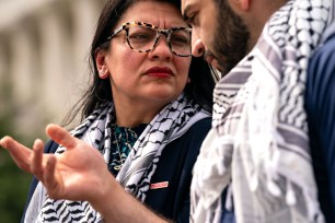 Rep. Rashida Tlaib at a gathering of leaders of the pro-Palestinian protest encampment at George Washington University.