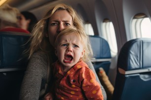 Unhappy toddler boy crying and having a tantrum on an airplane flight