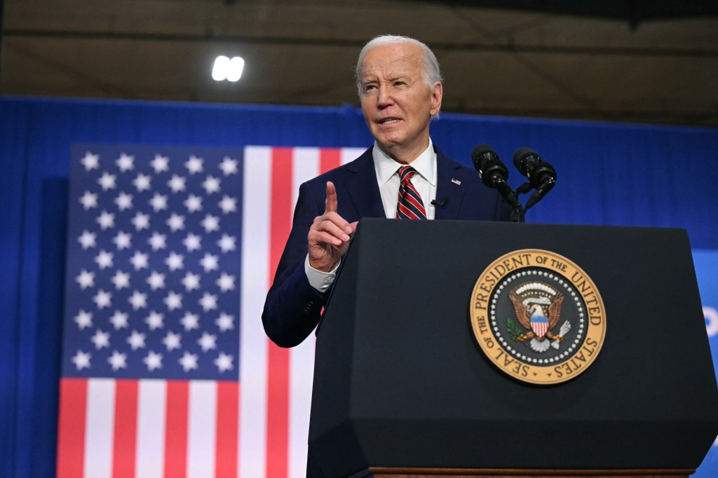 US President Joe Biden speaks about the PACT Act, which expands coverage for veterans exposed to toxic substances, at a YMCA in Nashua, New Hampshire, on May 21, 2024. 