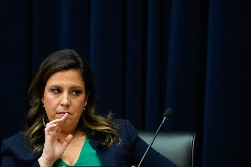 Representative Elise Stefanik, Republican of New York, listens during a House Committee on Education and the Workforce hearing about antisemitism on college campuses, on Capitol Hill in Washington, DC, on April 17, 2024.