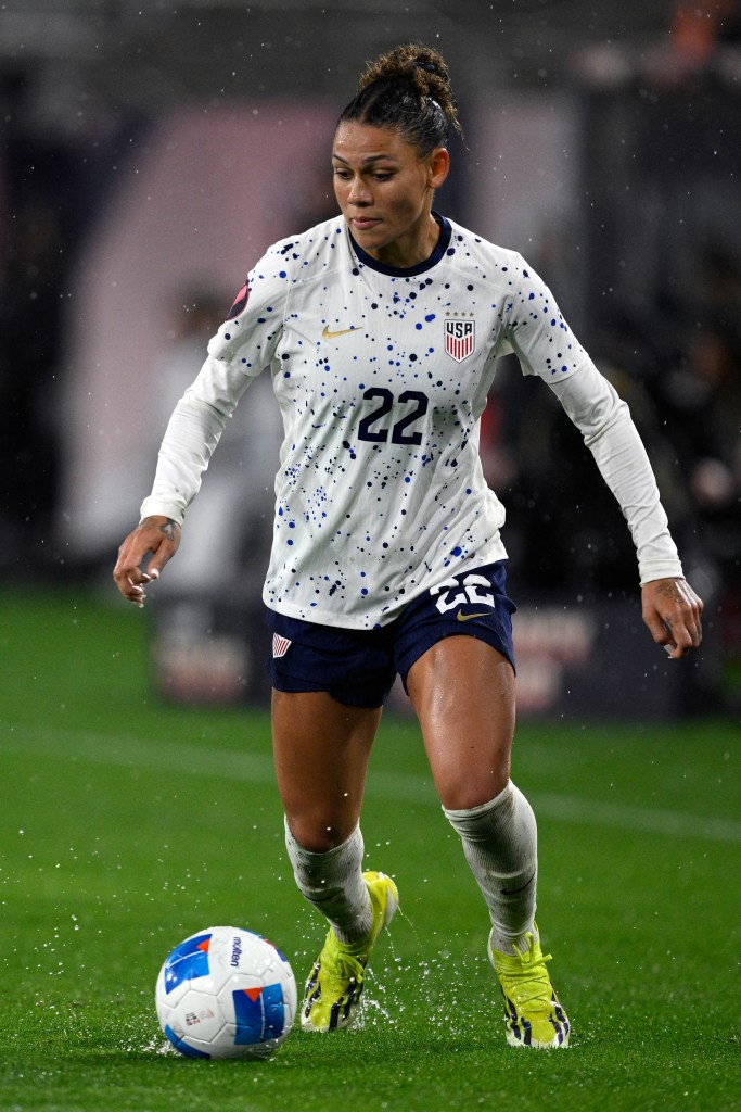 USA forward Trinity Rodman (22) controls the ball during the first half of the 2024 Concacaf W Gold Cup semifinal match against Canada in March 2024.