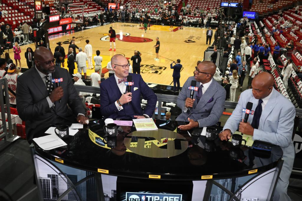 (From left) Shaquille O'Neal, Ernie Johnson, Kenny Smith and Charles Barkley on "Inside the NBA" in 2023.