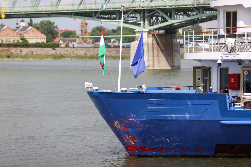 Damage to the front of the cruise ship that authorities say slammed into a smaller craft on the Danube River this weekend. 