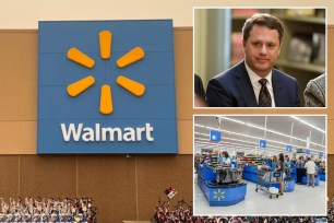 Walmart sign and CEO Doug McMillon