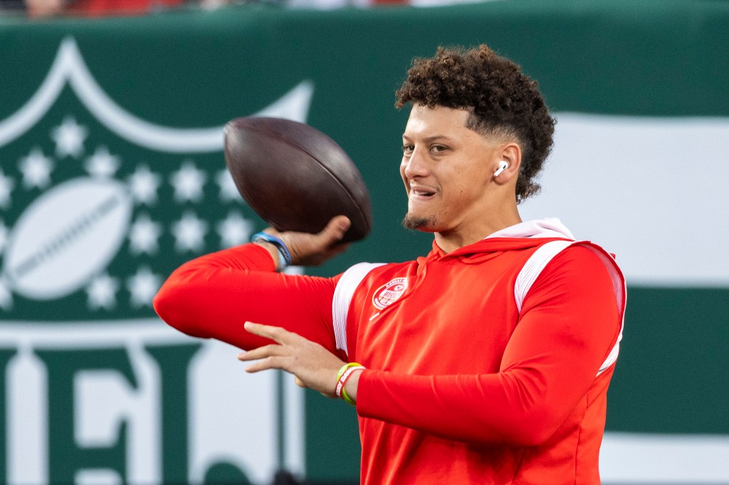 Kansas City Chiefs quarterback Patrick Mahomes (15) warms up before a game against the New York Jets at MetLife Stadium, Sunday, Oct. 1, 2023, in East Rutherford, New Jersey.