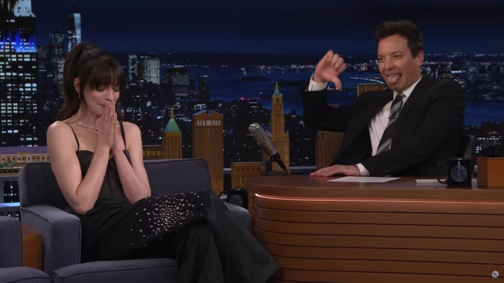 Anne Hathaway and Jimmy Fallon on "The Tonight Show Starring Jimmy Fallon" in April 2024.