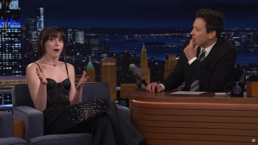 Anne Hathaway and Jimmy Fallon on "The Tonight Show Starring Jimmy Fallon" in April 2024.