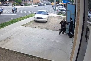 A group of people running towards a building, fleeing from an aggressive driver in Brooklyn.