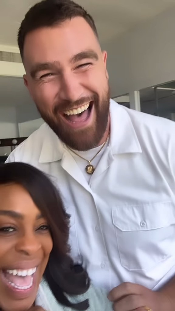 Travis Kelce smiling with a woman, celebrating his first acting role in Ryan Murphy's FX series 'Grotesquerie'