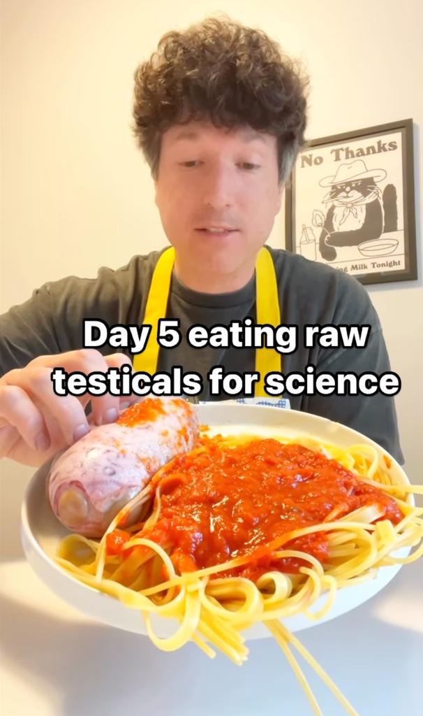 Another video shows the creative culinary wiz adding the testicles to a pasta with sauce.