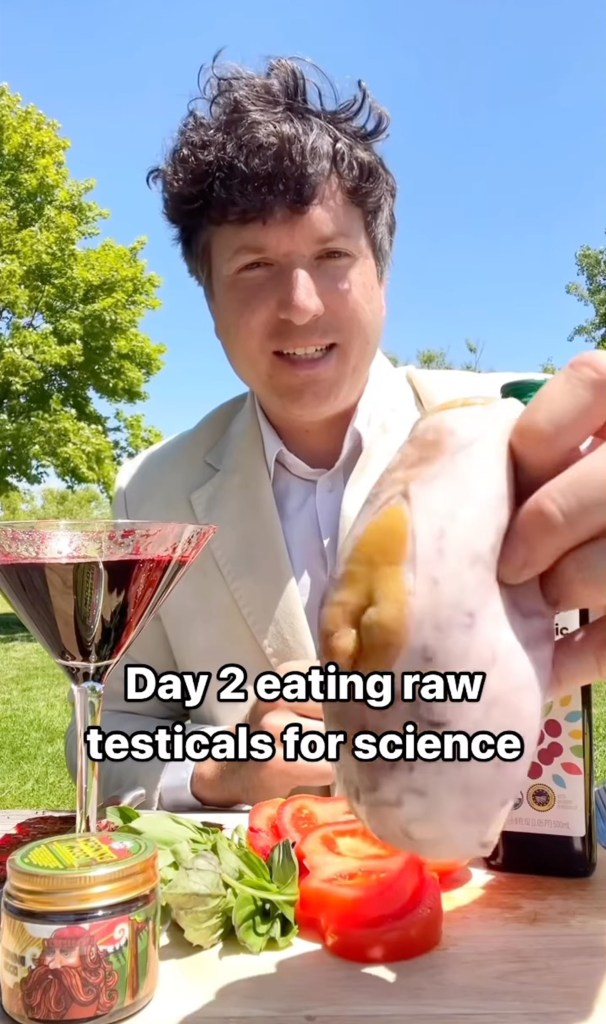 In one clip, the content creator concocts a BLT — "balls, lettuce, tomato" — using the scrotum in place of a burger bun. 