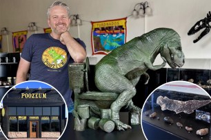 Poozeum owner George standing next to a dinosaur-themed toilet sculpture in his museum