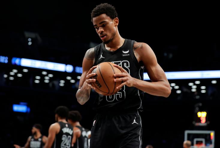 Brooklyn Nets center Nic Claxton reacts during his teams game against the Minnesota Timberwolves in the first half at the Barclays Center in Brooklyn, New York, USA, Thursday, January 25, 2024.
