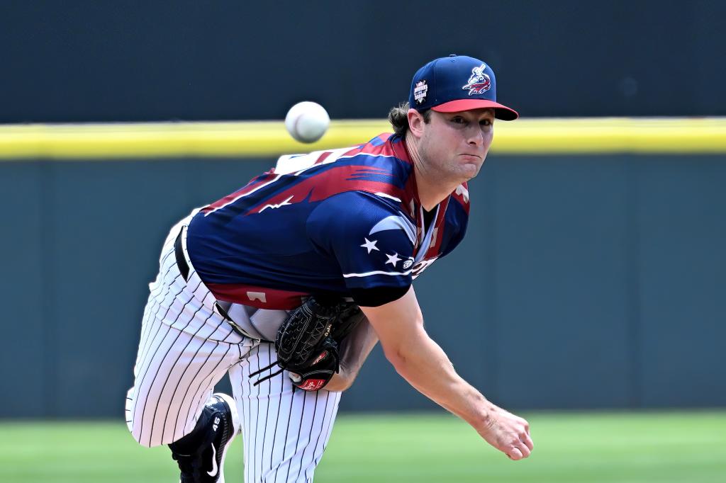 New York Yankees pitcher Gerrit Cole pitches in a rehab assignment with the Somerset Patriots.