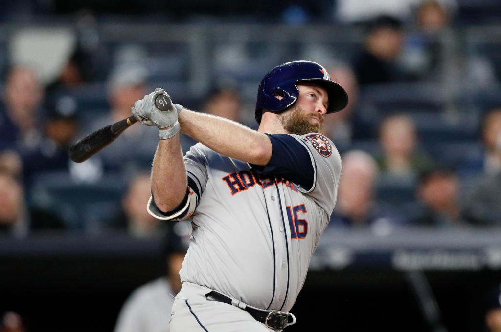 Brian McCann #16 of the Houston Astros hits a three run home run during the fourth inning. 