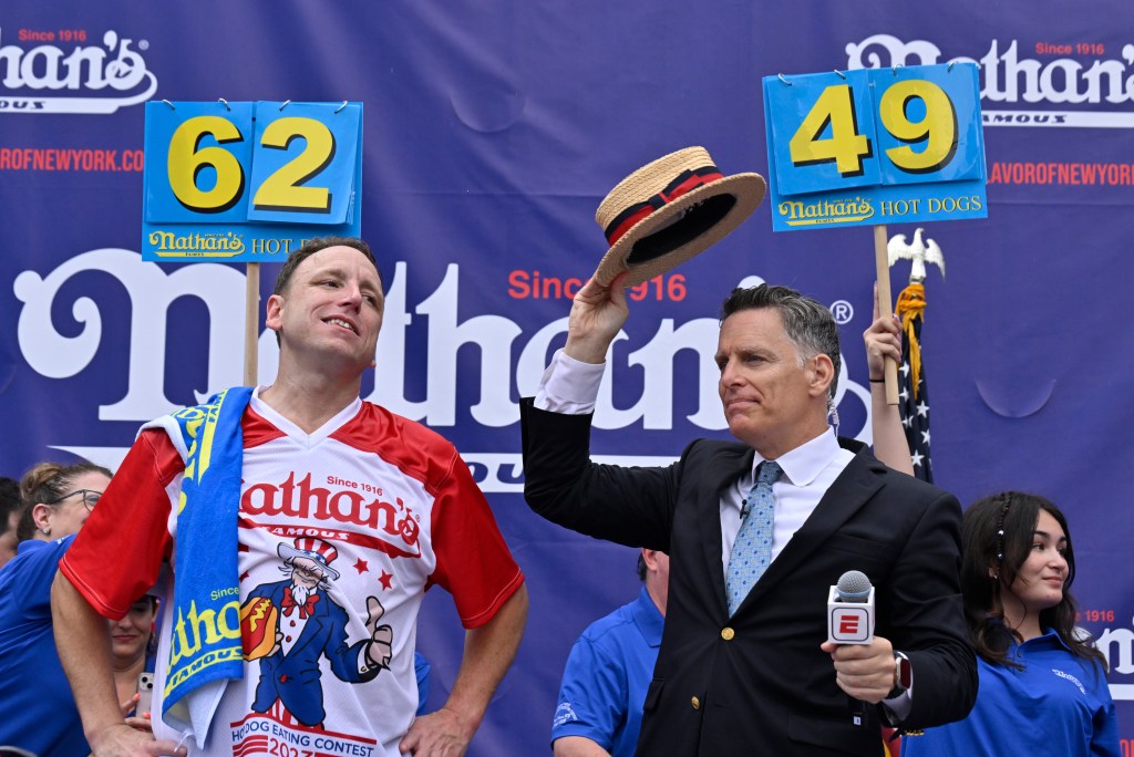 Joey Chestnut at the Nathan's contest in 2023.