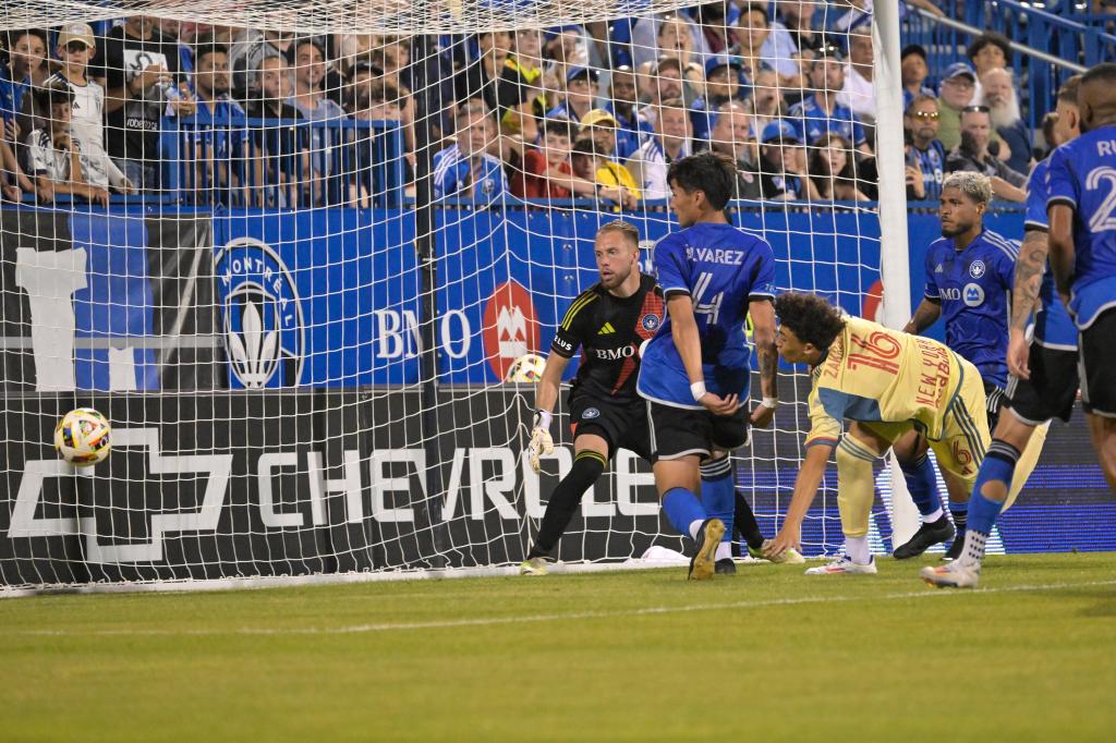  Red Bulls forward Julian Hall (16) scores a goal past CF Montreal goalkeeper Jonathan Sirois (40) during the second half on Wednesday.