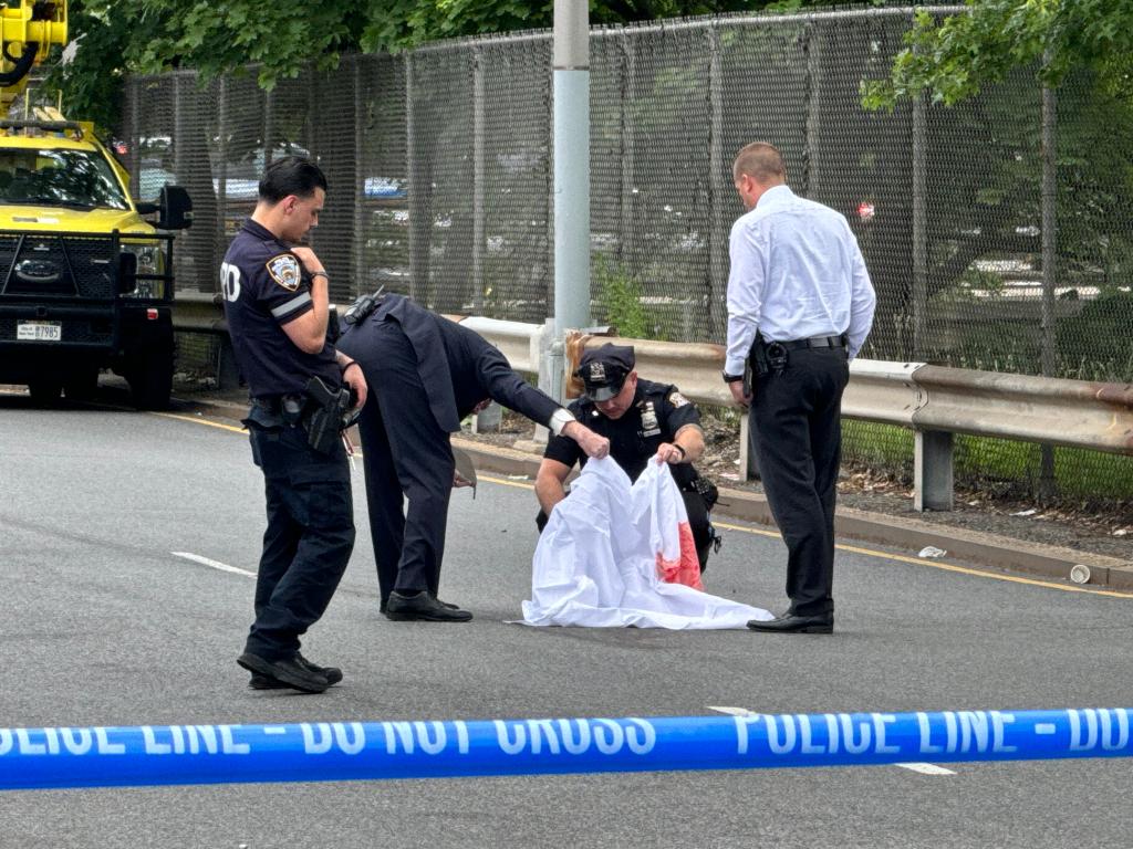 Police officers offering comfort to a distressed driver at the intersection of Dahlgren Pl and 92nd St in Brooklyn, following a fatal accident involving a DOT vehicle and a pedestrian