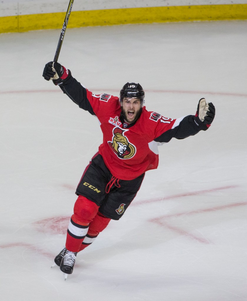 Derick Brassard of the Senators celebrates after scoring a late tying goal against the Rangers in Game 5 of the second round in 2017.