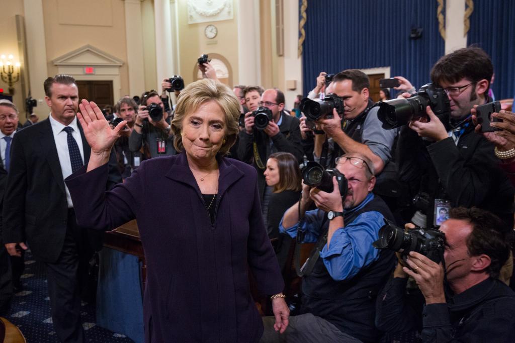 Former Secretary of State and Democratic presidential candidate Hillary Clinton greets supporters while taking a break after testifying before the House Select Committee on Benghazi, on Capitol Hill in Washington DC.