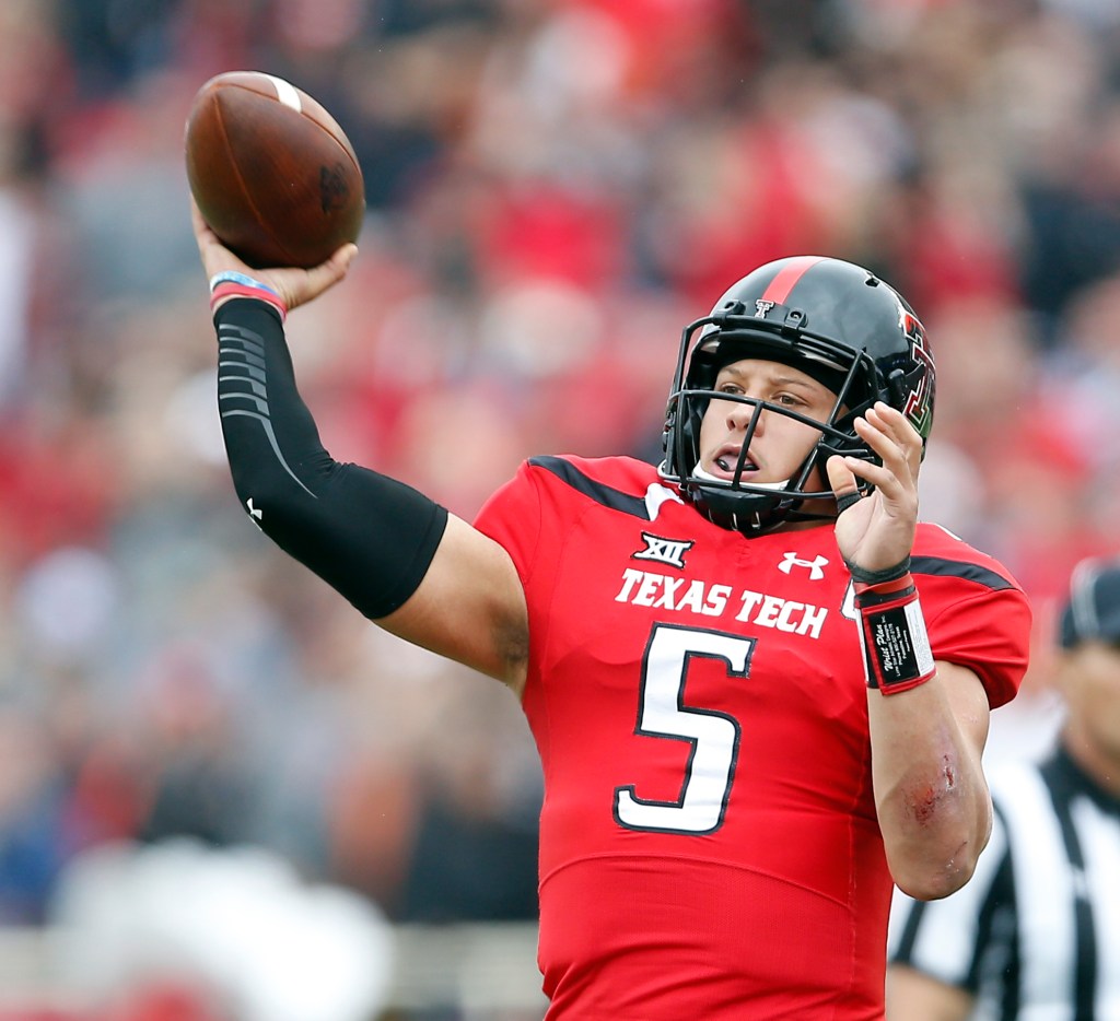 Patrick Mahomes, Texas Tech's dynamic playmaker, passing the football during an NCAA college game in November 2016 in Lubbock, Texas