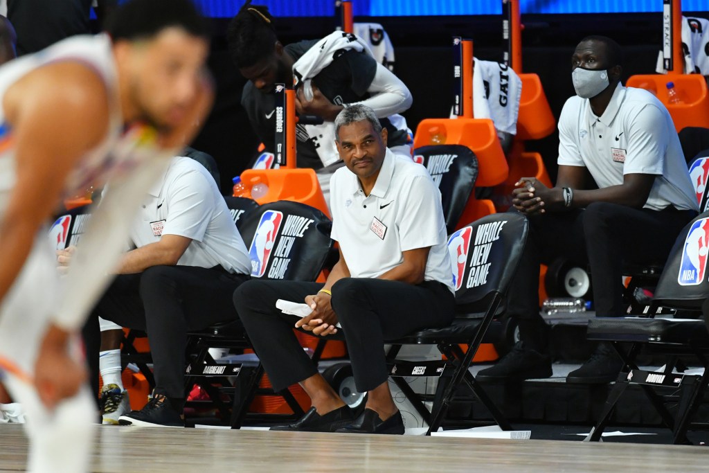 Maurice Cheeks of the Oklahoma City Thunder looks on during a scrimmage against the Philadelphia 76ers on July 26, 2020 at HP Field House at ESPN Wide World of Sports in Orlando, Florida. 