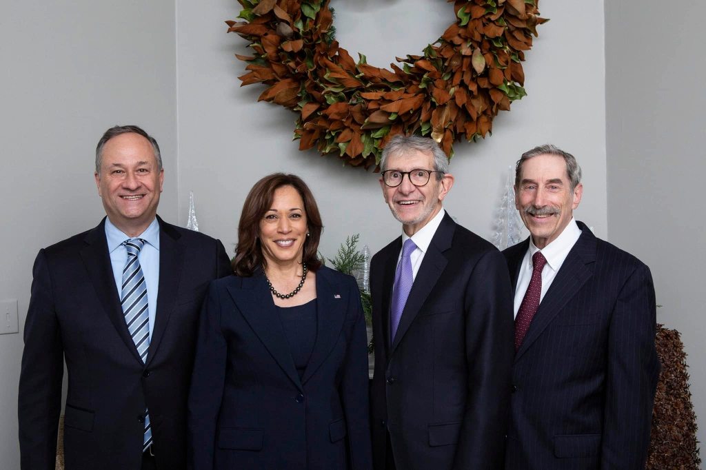 Miller at a holiday reception in the Naval Observatory with Vice President Kamala Harris and second gentleman Doug Emhoff on Dec. 18, 2022.