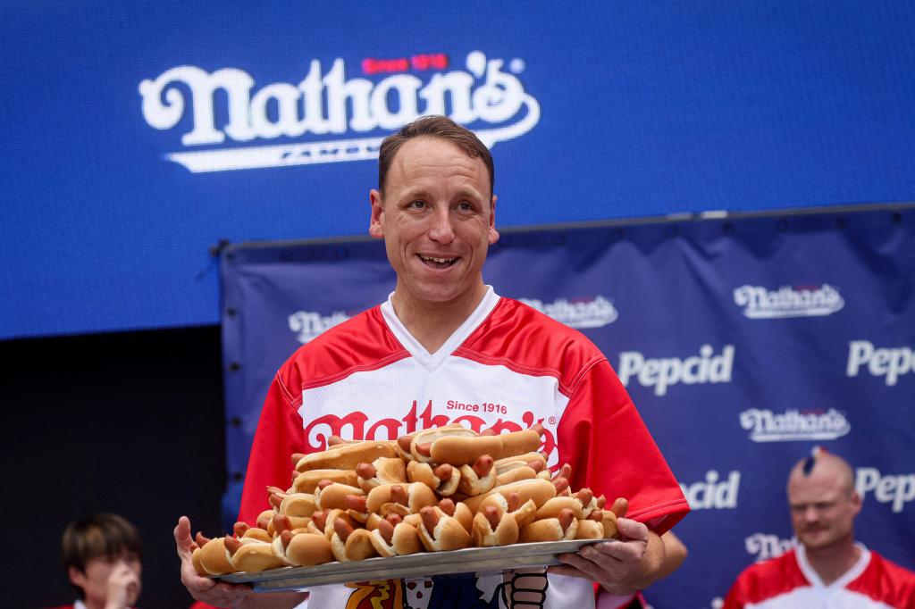 Joey Chestnut during the weigh-in ceremony ahead of  2023 Nathan's Famous Fourth of July International Hot Dog Eating Contest.