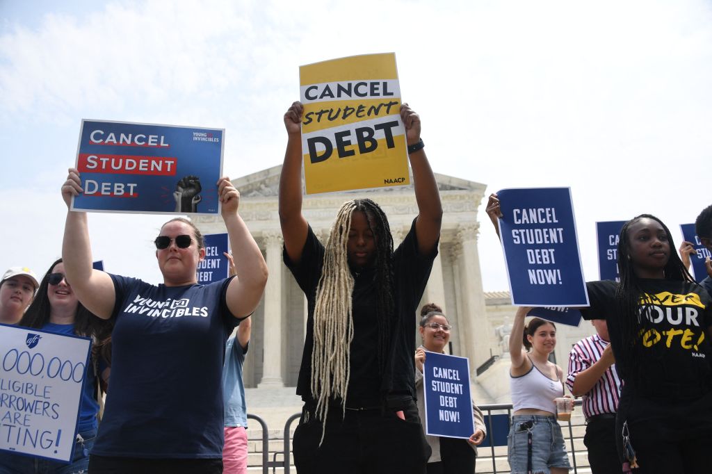 Supporters of student debt forgiveness demonstrate outside the US Supreme Court on June 30, 2023, in Washington, DC.