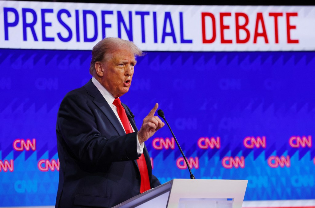 Republican candidate, former U.S. President Donald Trump, speaks as he attends a presidential debate with Democrat candidate, U.S. President Joe Biden.