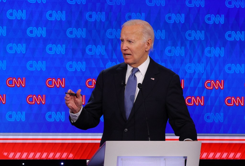 Democrat candidate, U.S. President Joe Biden speaks during a presidential debate with Republican candidate, former U.S. President Donald Trump.