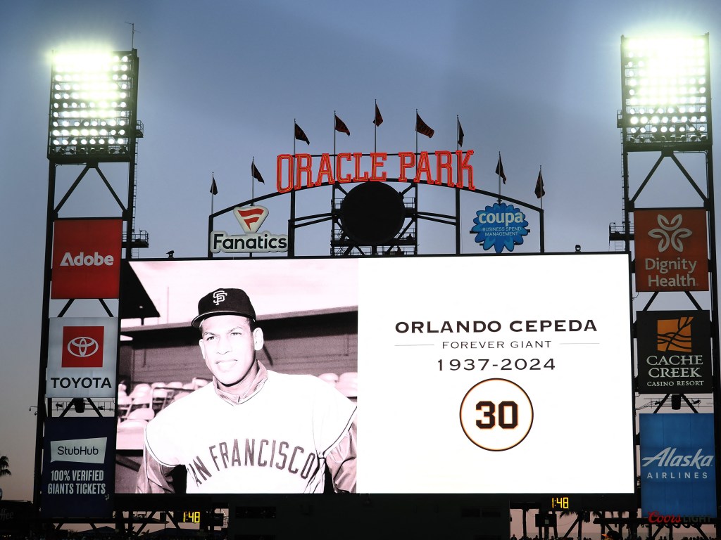San Francisco, California, USA; The video board in memory of former San Francisco Giants player Orlando Cepeda during the fifth inning against the Los Angeles Dodgers at Oracle Park. 