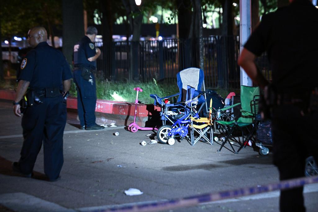 Chairs and scooters are lined up inside the park where two people were shot on June 15, 2024 in Brooklyn.