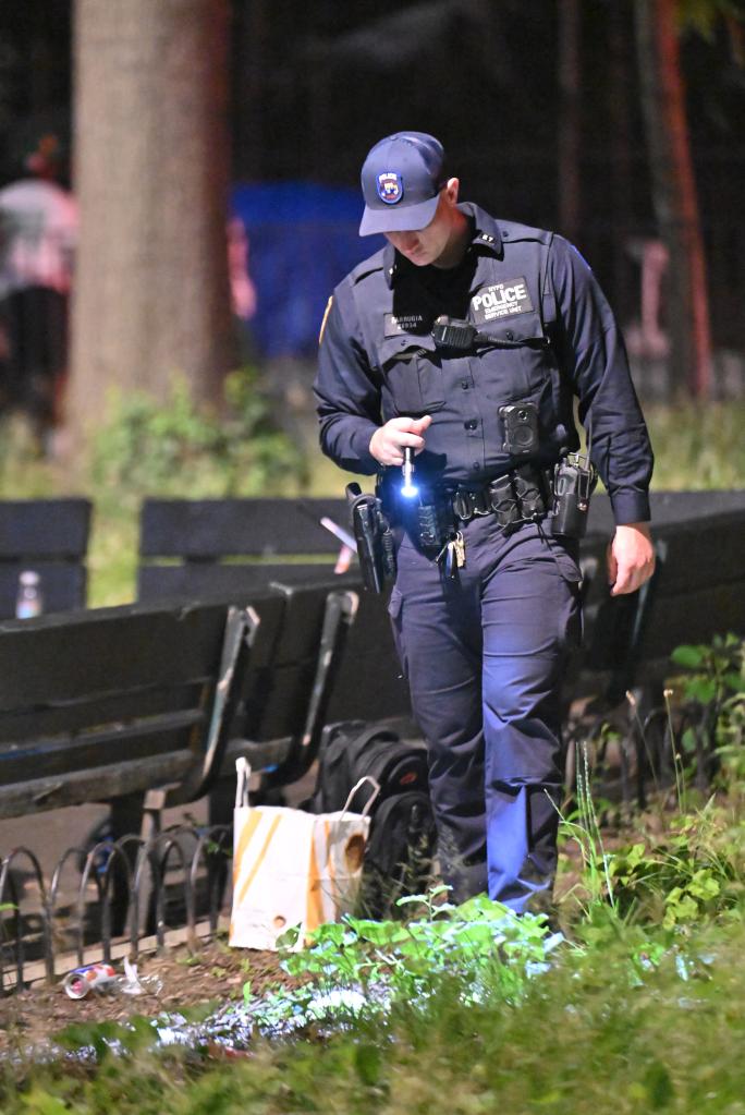 An NYPD officer searches Livonia Park in Brooklyn following a shooting that injured two people on June 15, 2024.