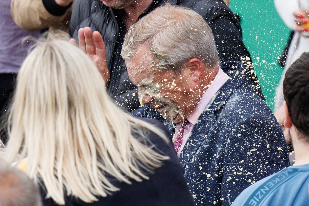 Farage reacts to milkshake thrown at him