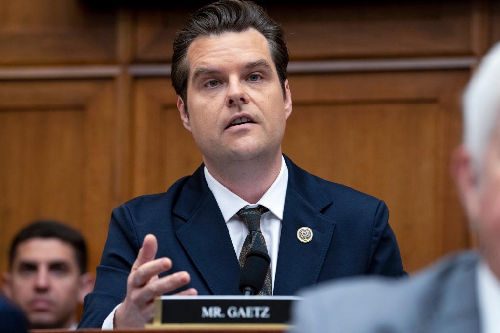 Rep. Matt Gaetz, R-Fla., questions Attorney General Merrick Garland during a House Judiciary Committee hearing on the Department of Justice, June 4, 2024, on Capitol Hill in Washington.