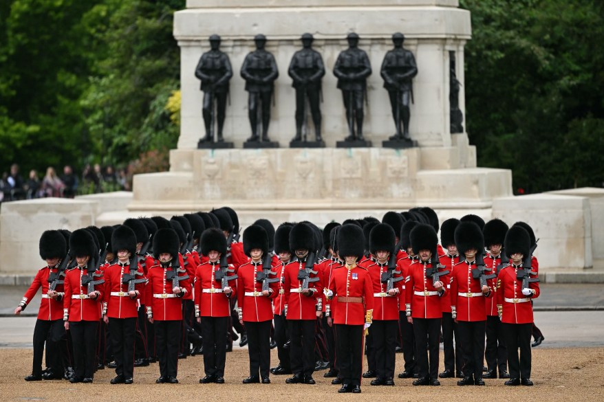 Members of the Scots Guards perform on Horse Guards Parade for the King's Birthday Parade, "Trooping the Colour".