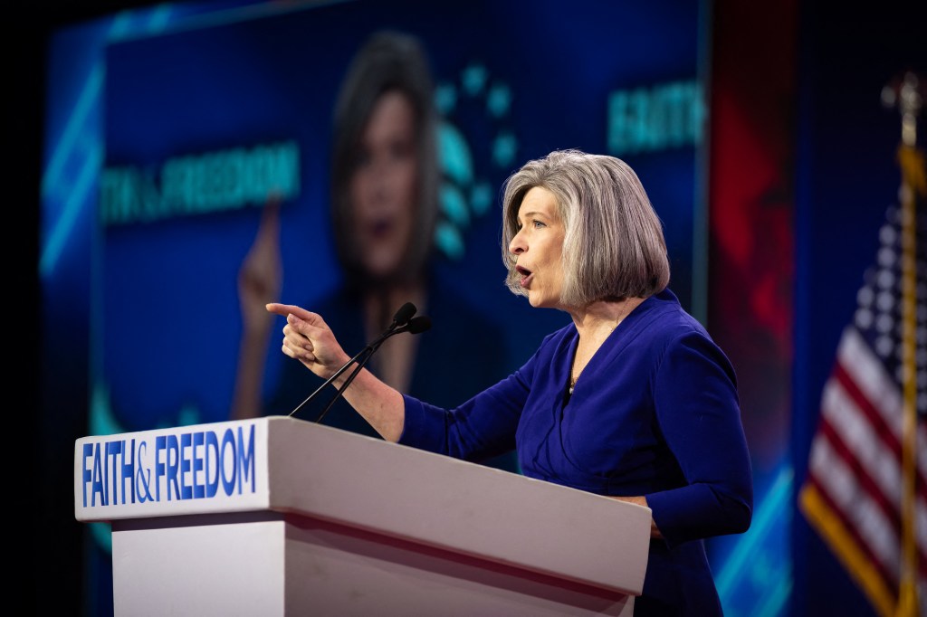 Sen. Joni Ernst (R-IA) speaks at the annual Road to Majority conference in Washington, DC, June 21, 2024. 