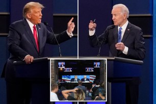 Former President Donald Trump and President Joe Biden debating on stage during the consequential 2024 presidential debate in Nashville, Tenn.