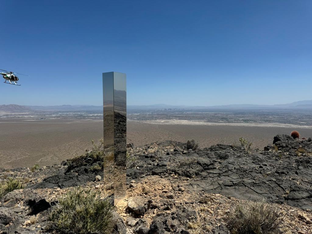 This photo provided by Las Vegas Metropolitan Police Department, the mysterious Monolith is removed on Thursday, June 20, 2024