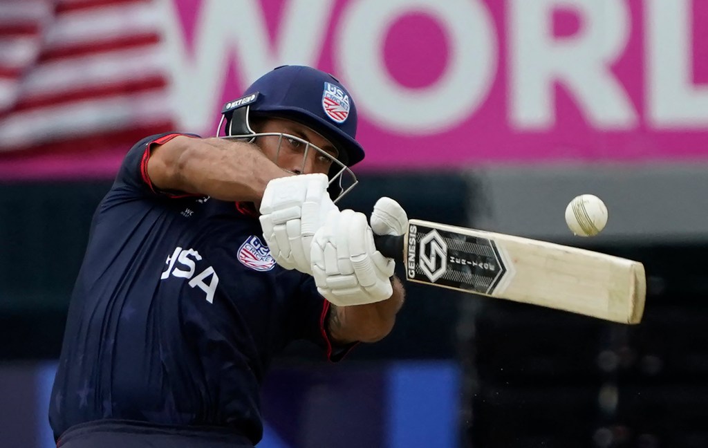 USA's Shadley Van Schalkwyk hits a shot during the ICC men's Twenty20 World Cup 2024 cricket match vs. India at Nassau County International Cricket Stadium in East Meadow, New York on June 12, 2024.